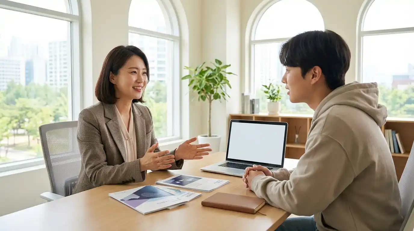 플래너가 학생에게 친절히 상담하는 모습