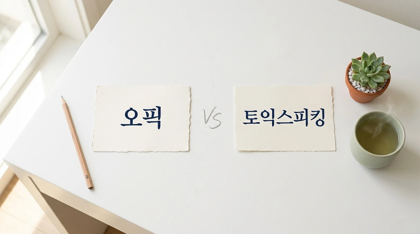 화이트 데스크 위에 놓인 '오픽'과 '토익스피킹' 두 장의 카드