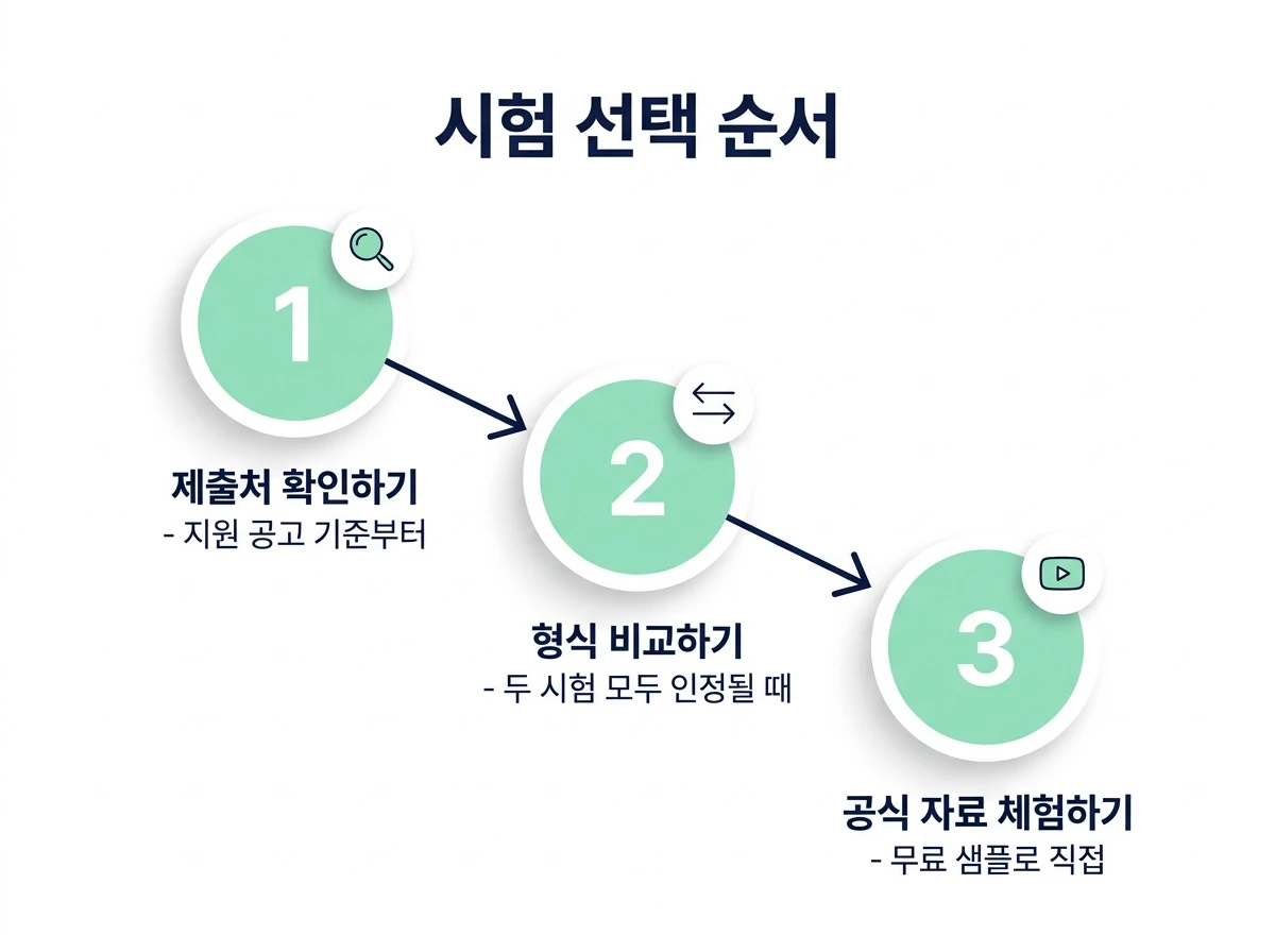 시험 선택 3단계: 1 제출처 확인하기, 2 형식 비교하기, 3 공식 자료 체험하기